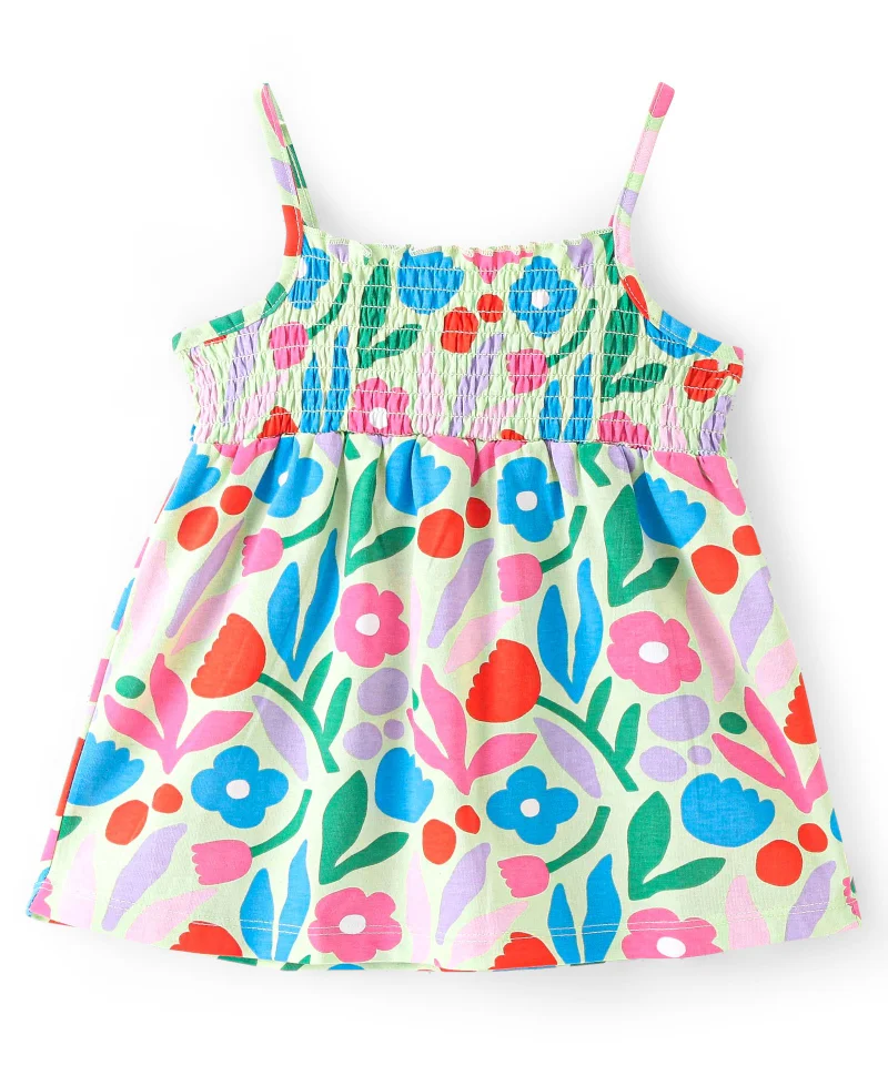 babyhug Babyhug Cotton Knit Sleeveless Floral Printed Top with Smocking Detailing - White