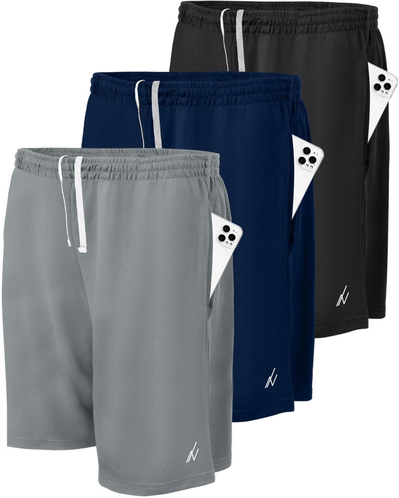 NY Threads 3 Pack Men's Athletic Shorts Quick Dry Lightweight Workout Running Gym Shorts with Pockets, Medium, Black/Navy/Medium Grey - Image 1