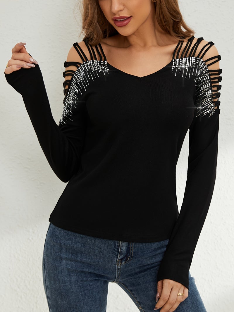 Women's Long Sleeve V-Neck Lace Trim Rhinestone Cutout Tunic Top - Image 4