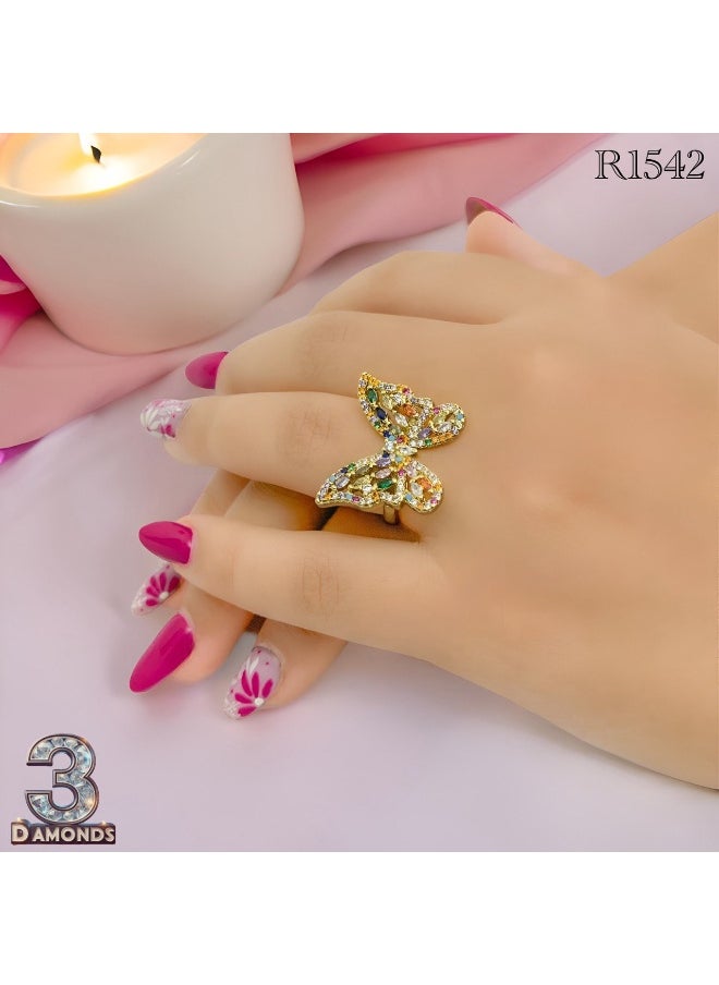 ثري دايموندز خاتم فراشة مطلي ذهب للنساء – تصميم زركون أنيق (لون الفصوص حسب المتاح)  - Image 4