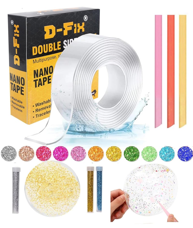 D-Fix شريط نانو مع 3 رقائق لامعة 3 نجوم قشة للبالون شريط لاصق مزدوج الجوانب لاصق إيفي للجدران قابل للغسل وإعادة الاستخدام شرائط لاصقة قوية متعددة الألوان فنون وحرف مجموعة DIY-صندوق-DIY، 8 سم - Image 1