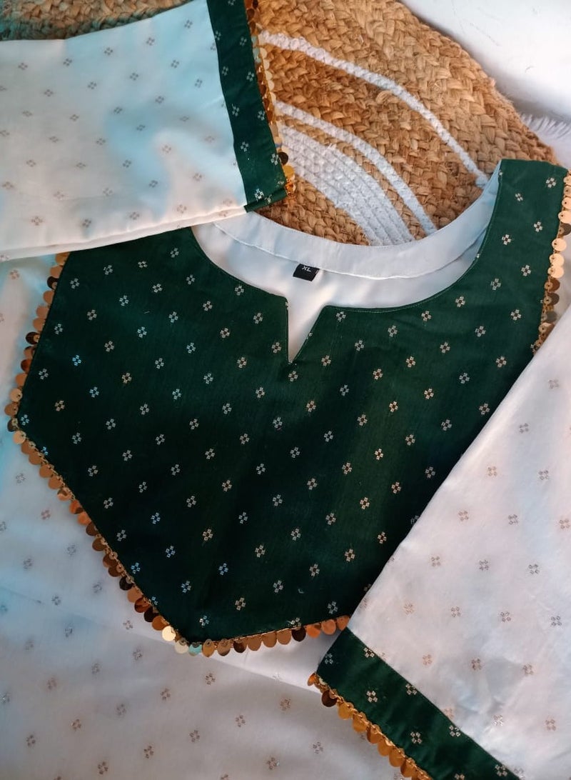 Grace Women's Off-White cloth Straight Kurta with Green Polka Dot Yoke and Border - Image 4