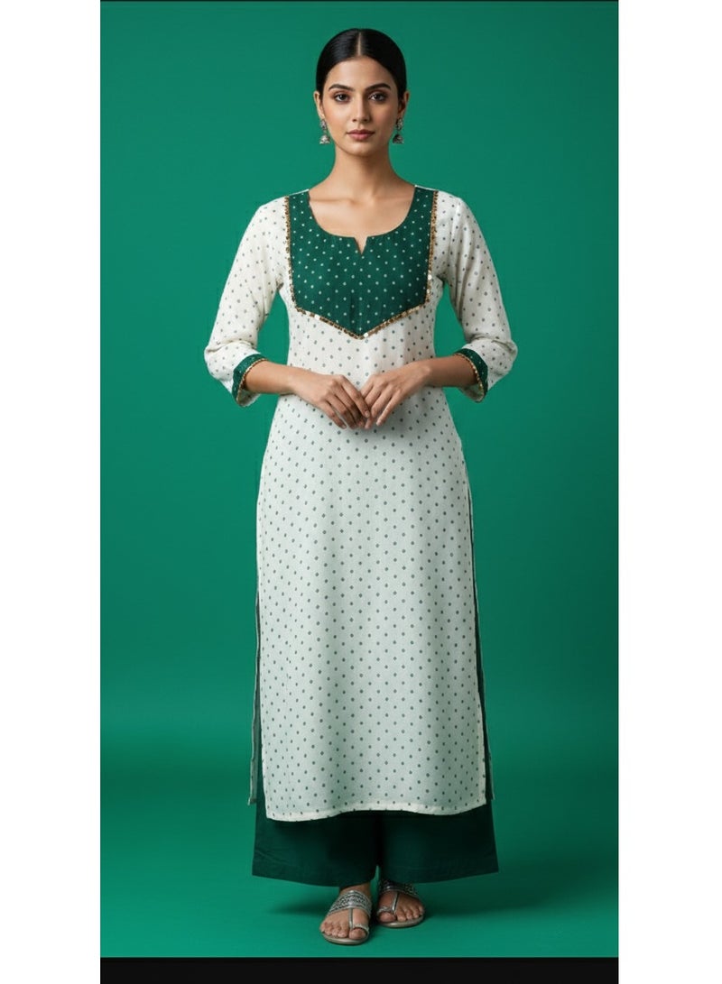 Grace Women's Off-White cloth Straight Kurta with Green Polka Dot Yoke and Border - Image 1