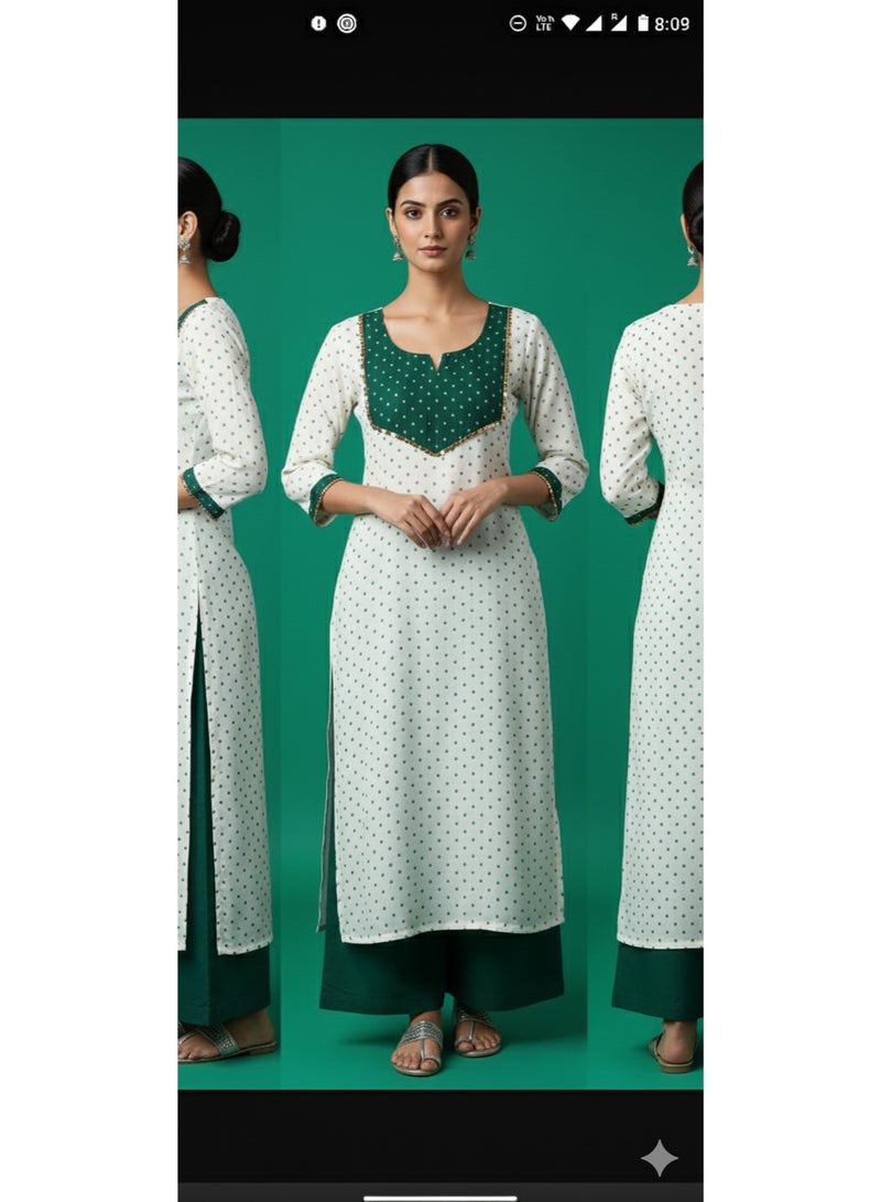Grace Women's Off-White cloth Straight Kurta with Green Polka Dot Yoke and Border - Image 5