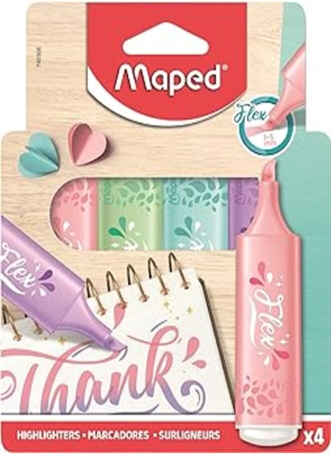 Maped Maped - 4 Pastel Flex Highlighters - Bevelled and Flexible Tip - Long Lasting Highlighters for School, Lettering, Bullet Journal and Professional Use - 4 Random Pastel Colours 