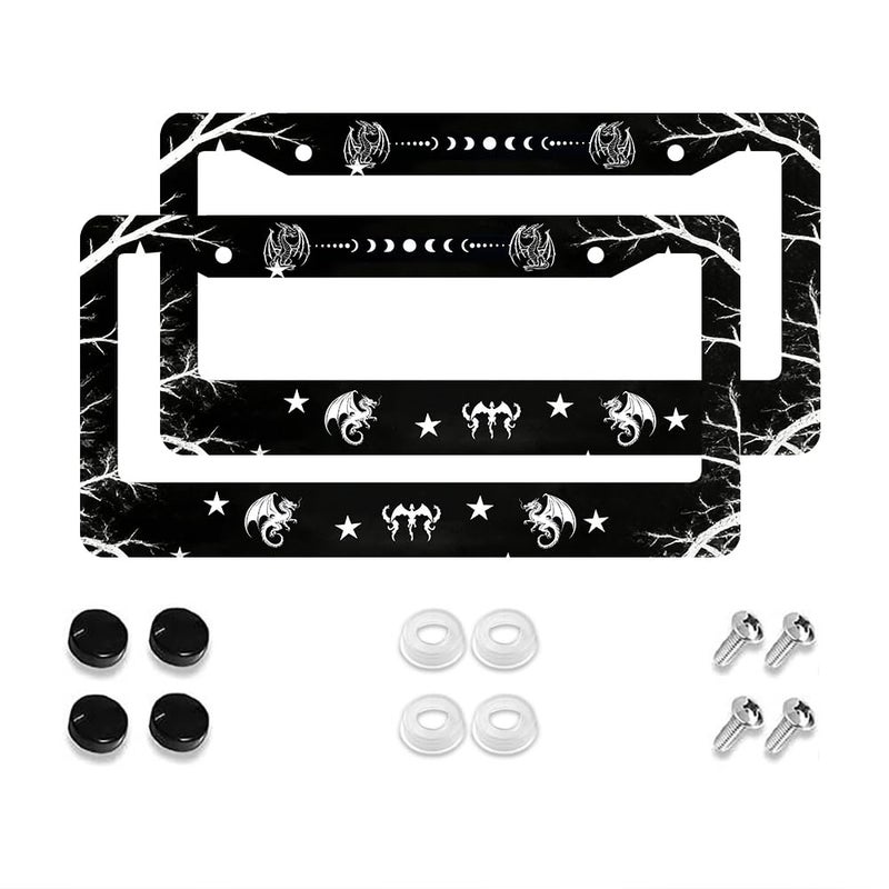 BDFHYK Dragons Pattern Black License Plate Frame 2 Pack Universal RustProof Aluminum Car License Plate Frame Holder Front Rear License Plate Cover Car Tag Frame with Screw Caps 2 Hole - Image 3