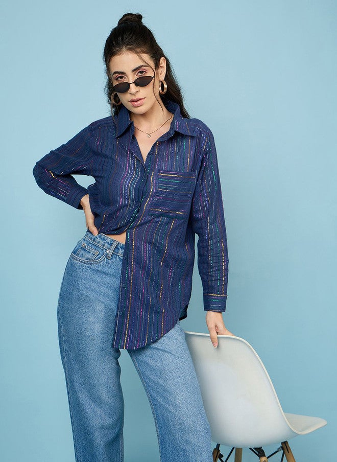 CHIMPAAANZEE Women Spread Collar Vertical Striped Cotton Oversized Casual Shirt - Image 1