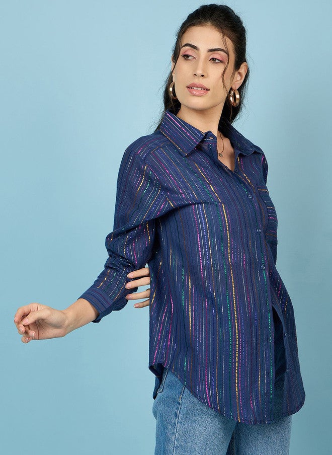 CHIMPAAANZEE Women Spread Collar Vertical Striped Cotton Oversized Casual Shirt - Image 4
