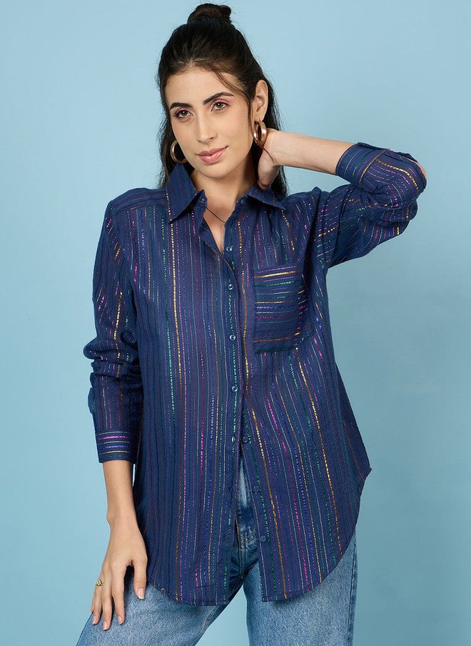 CHIMPAAANZEE Women Spread Collar Vertical Striped Cotton Oversized Casual Shirt - Image 2