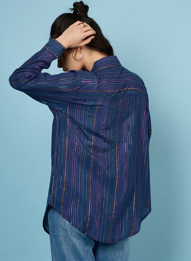 CHIMPAAANZEE Women Spread Collar Vertical Striped Cotton Oversized Casual Shirt - Image 5