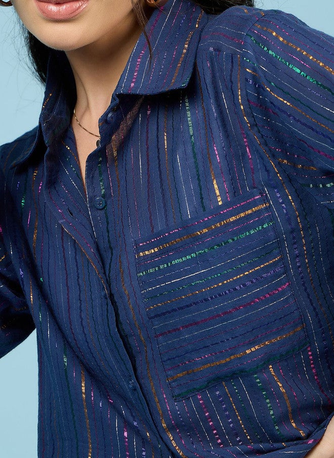 CHIMPAAANZEE Women Spread Collar Vertical Striped Cotton Oversized Casual Shirt - Image 3