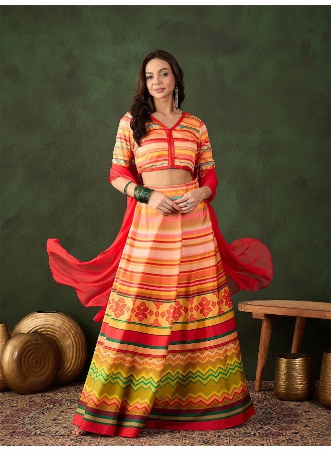AKS Red And Yellow Multicolor Lehenga Choli  - Image 3