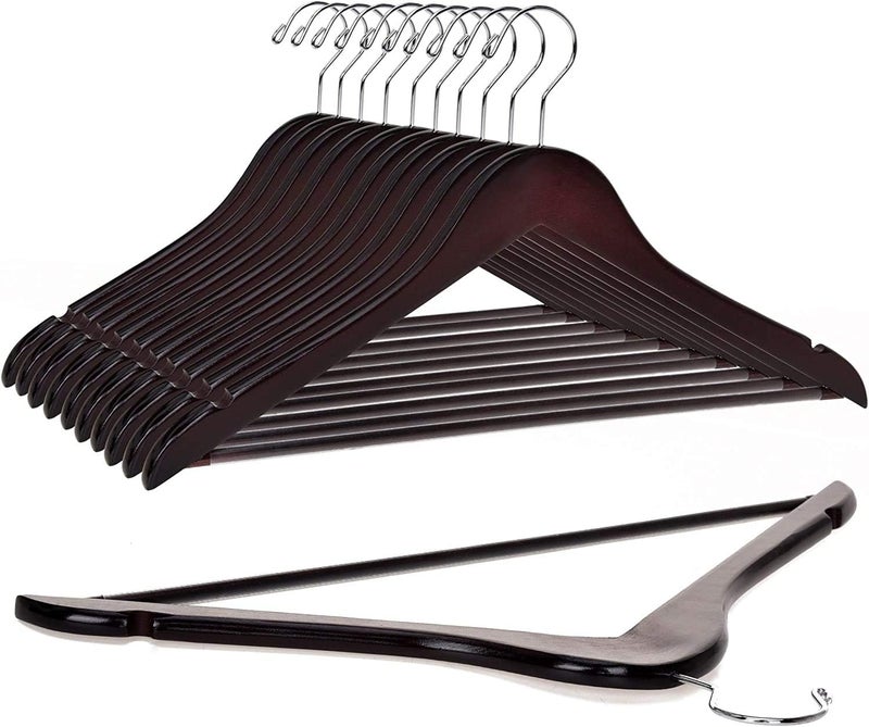Quality Hangers شماعات خشبية عالية الجودة - مجموعة 10 شماعات منحنية قليلاً - شماعات معطف خشبية صلبة مع خطافات كروم أنيقة - شماعات ثقيلة للملابس والجاكيت والقمصان والبنطلونات والبدلات (ماهوجني، 10) - Image 1