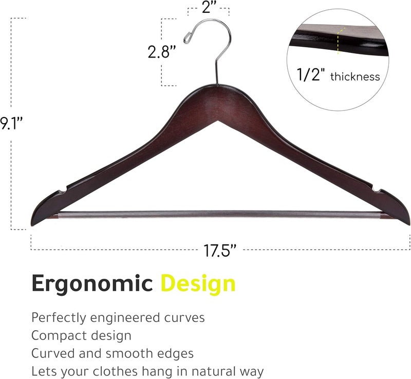 Quality Hangers شماعات خشبية عالية الجودة - مجموعة 10 شماعات منحنية قليلاً - شماعات معطف خشبية صلبة مع خطافات كروم أنيقة - شماعات ثقيلة للملابس والجاكيت والقمصان والبنطلونات والبدلات (ماهوجني، 10) - Image 5