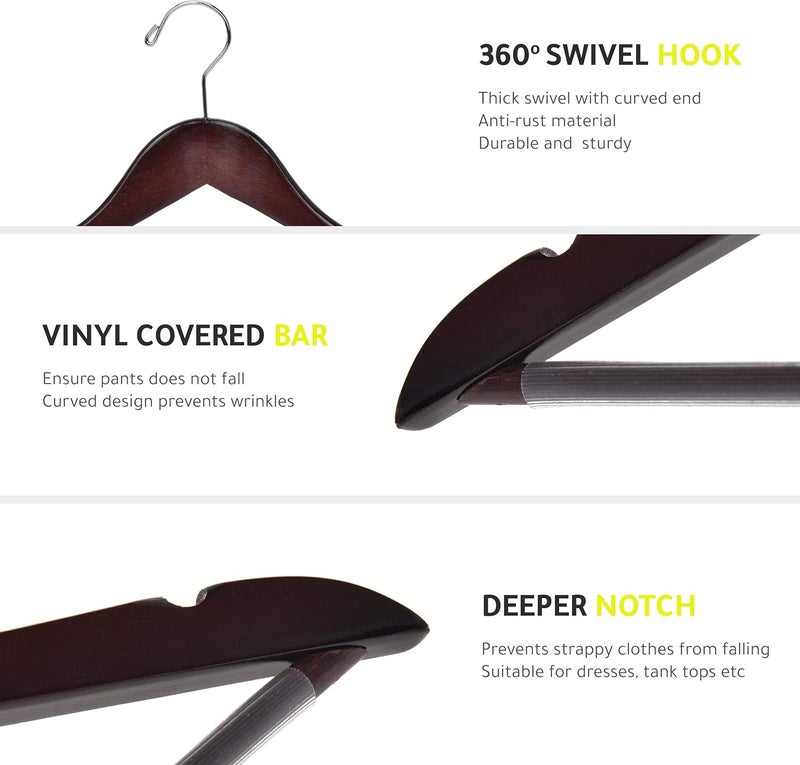 Quality Hangers شماعات خشبية عالية الجودة - مجموعة 10 شماعات منحنية قليلاً - شماعات معطف خشبية صلبة مع خطافات كروم أنيقة - شماعات ثقيلة للملابس والجاكيت والقمصان والبنطلونات والبدلات (ماهوجني، 10) - Image 4