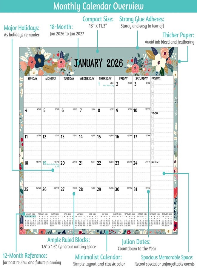BowCuk 2026-2027 Magnetic Calendar for Refrigerator - 18 Monthly Calendar from Jan 2026 - Jun 2027, 13 x 11.3 In, Magnetic Fridge Calendar 2026 with Strong Magnets, Thick Paper, Ample Writing Space, Flowers - Image 3