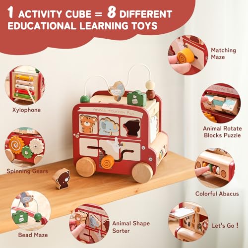 Etucdose Wooden Activity Cube 8in1 Montessori Toys Multifunctional Early Educational Learning Toys Wooden Toy for Baby Shape Sorter Xylophone Animal Travel Bus Boy Girl Birthday GiftRed Bus - Image 5