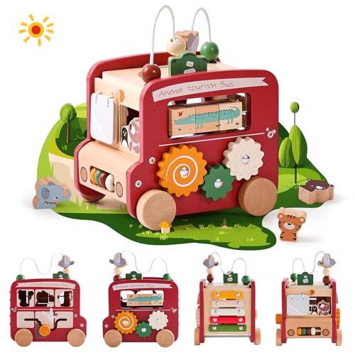 Etucdose Wooden Activity Cube 8in1 Montessori Toys Multifunctional Early Educational Learning Toys Wooden Toy for Baby Shape Sorter Xylophone Animal Travel Bus Boy Girl Birthday GiftRed Bus - Image 1