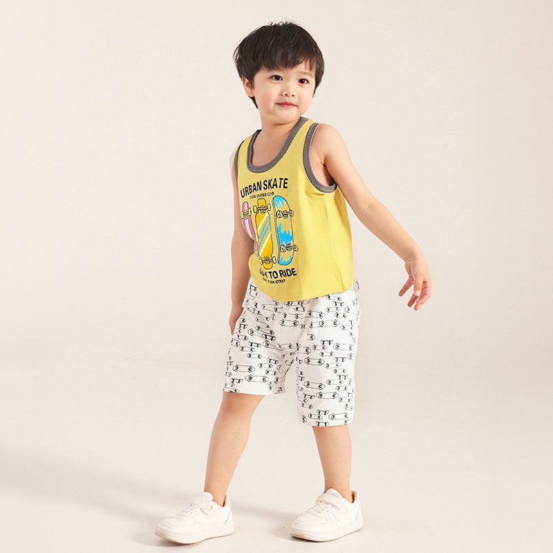 Generic 2024 Summer Cotton Kids Tank Top  Shorts Set Skateboard