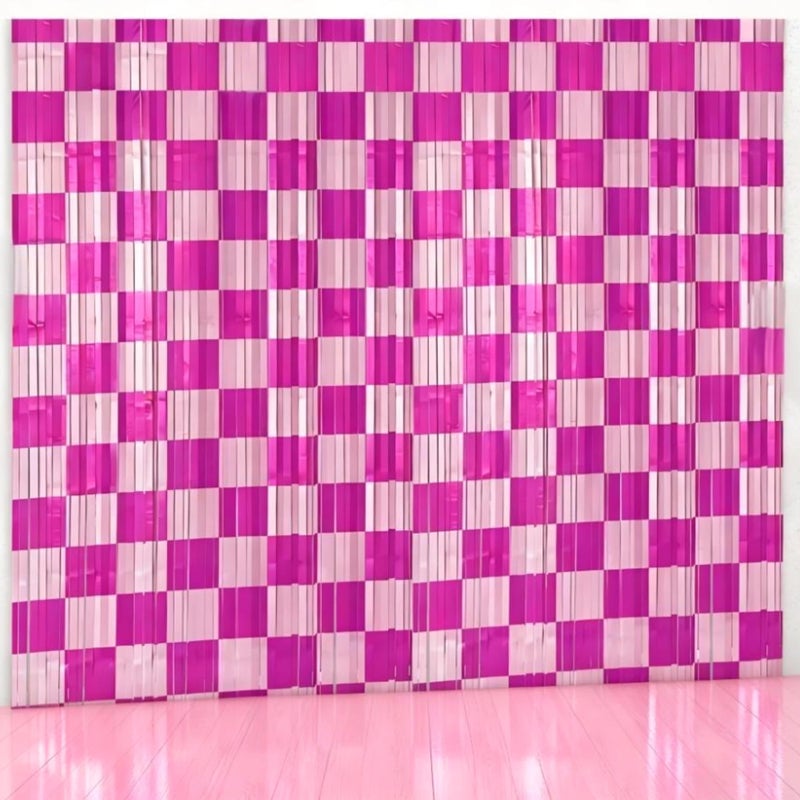 Riomhorry Birthday Party Streamers Decorations, Photo Booth Props Backdrops Decorations, Pink and White Checkered Foil Fringe Decor Supplies for Pink Race Car Theme Party - Image 1