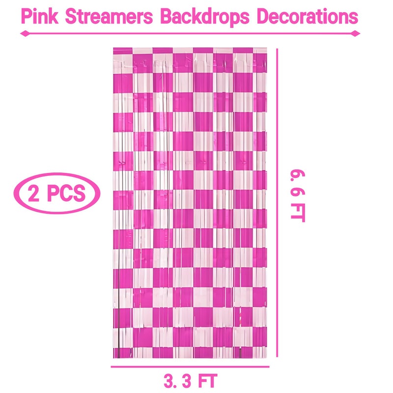 Riomhorry Birthday Party Streamers Decorations, Photo Booth Props Backdrops Decorations, Pink and White Checkered Foil Fringe Decor Supplies for Pink Race Car Theme Party - Image 2