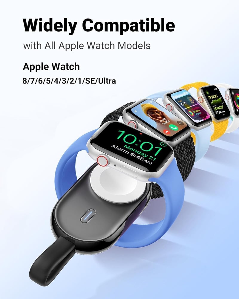 VEGER Portable Apple Watch Charger, 1200mAh 2.5W Fast Charging Power Bank, Magnetic Charging Compatible With Apple Watch Series 9/8/7/6/5/4/3/2/1/SE/Ultra - Black - Image 3