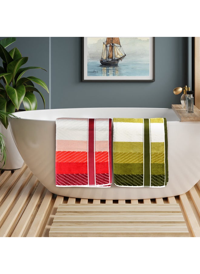 White Rose 4 Piece Bathroom Towel Set ZICZAC 500 GSM 100% Cotton Velour 2 Bath Towel 70X140 cm & 2 Hand Towel 50x90 cm Red & Green Color Modern Stripe Design Luxury Touch Extra Absorbent  - Image 2