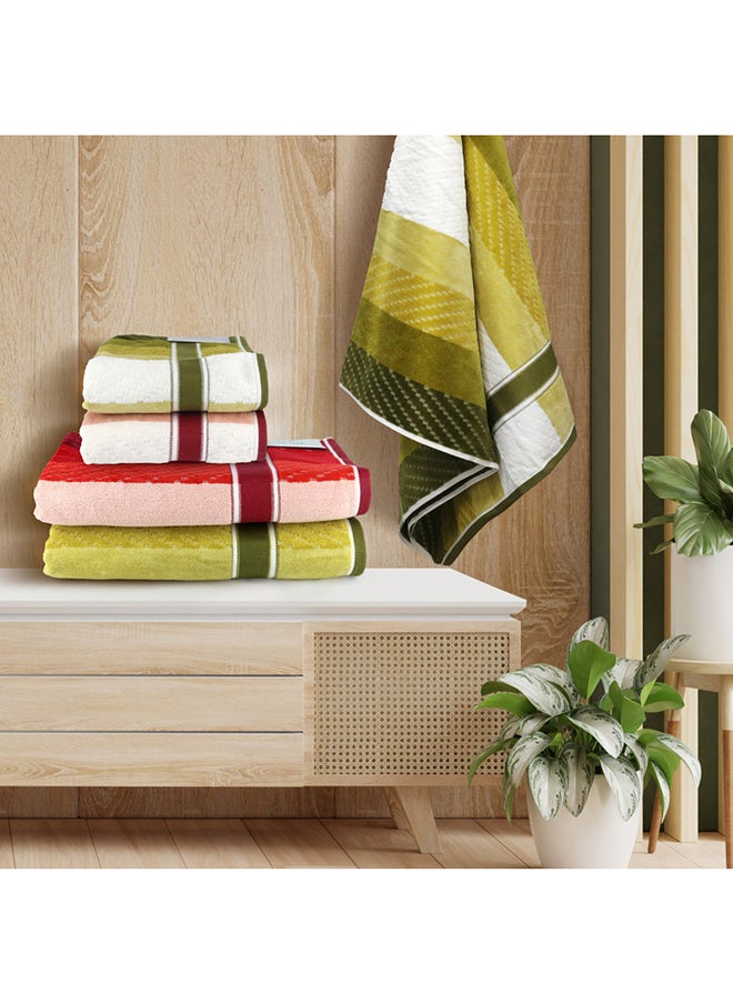 White Rose 4 Piece Bathroom Towel Set ZICZAC 500 GSM 100% Cotton Velour 2 Bath Towel 70X140 cm & 2 Hand Towel 50x90 cm Red & Green Color Modern Stripe Design Luxury Touch Extra Absorbent  - Image 3