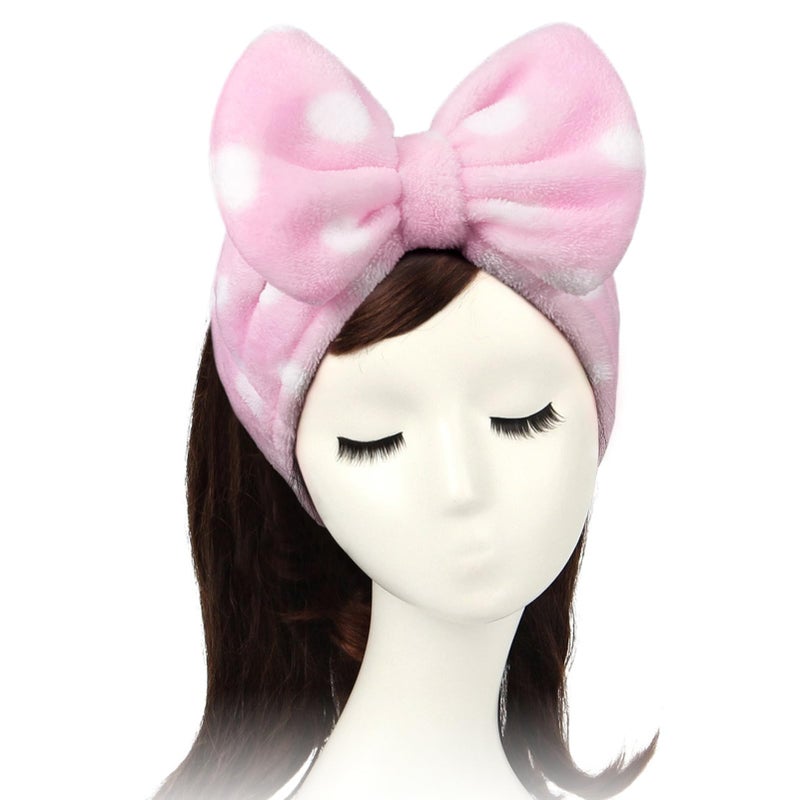 Shintop Women Fashion Lovely Soft Carol Fleece Bowknot Bow Makeup Cosmetic Shower Elastic Hair Band Hairlace Headband Pink Polka dots