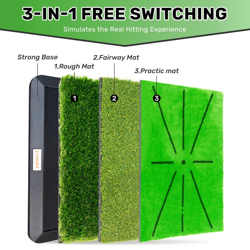 LYDARZ Golf Hitting Mats Training Equipment, Golf Practice Mat with Instant Swing Path Feedback, 3 Replaceable Golf Training Mats with No-Slip Heavy Duty Rubber Base - Image 2