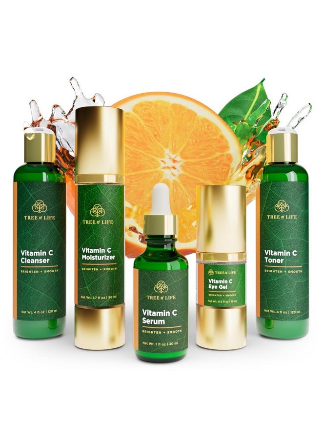 Tree of Life Beauty Tree Of Life Vitamin C Brightening Complete 5Pack: Serum (1 Oz) Moisturizer Cream (1.7 Oz) Eye Gel (0.5 Oz) Toner (4 Oz) Cleanser (4 Oz) Renewing For Face Clean Dermatologisttested Skin Care  - Image 1