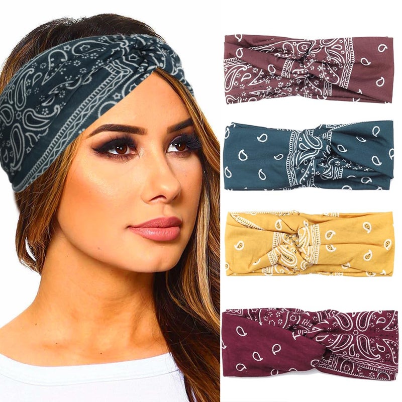 Urieo Boho Bandanas for Women Stretch Paisley Print Bandana Headband Knotted Hair Bandana Wide Hair Band Yoga Daily HeadbandsPack of 4 H