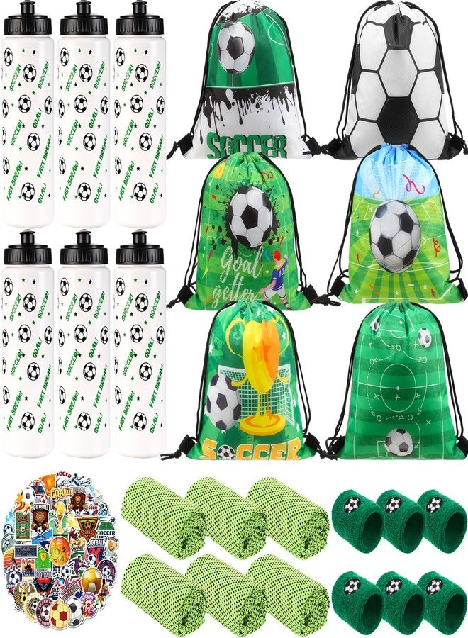 Maxdot 74 Pcs Soccer Party Favors with 6 Water Bottle 6 Cooling Towel 6 Sports Wristbands 6 Drawstring Gift Bag 50pcs Soccer Stickers, for Team Gifts Sports Party Supplies - Image 1