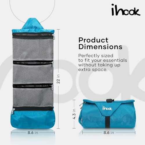 ihook Travel Toiletry Foldable Pouch/Bag with Hanging Hook for Men & Women– Compact Waterproof Organizer for Toiletries,Shaving Kit,Cosmetics,Travel Accessories,Essentials & Personal Care Items (Blue) - Image 3