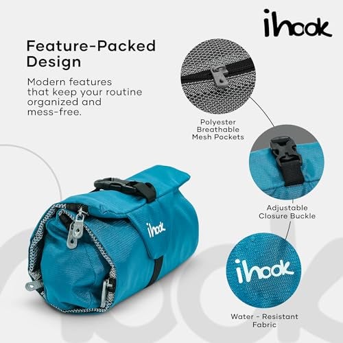 ihook Travel Toiletry Foldable Pouch/Bag with Hanging Hook for Men & Women– Compact Waterproof Organizer for Toiletries,Shaving Kit,Cosmetics,Travel Accessories,Essentials & Personal Care Items (Blue) - Image 2