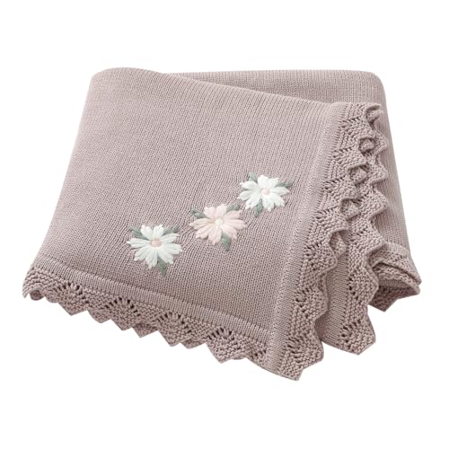 LAWKUL Baby Blanket 100% Traceable Cotton Knit Receiving Blankets Crib Blanket for Newbron Boy Girls 40"x30" White Floral - Image 1