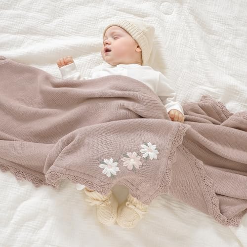 LAWKUL Baby Blanket 100% Traceable Cotton Knit Receiving Blankets Crib Blanket for Newbron Boy Girls 40"x30" White Floral - Image 3