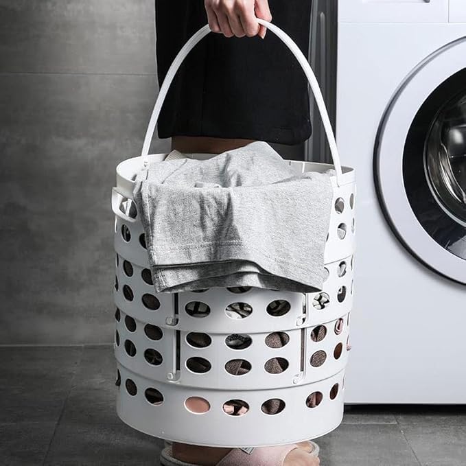 STELLAH 53 Collapsible Laundry Hamper with Oval Holes White Metal Round Storage Basket  - Image 5