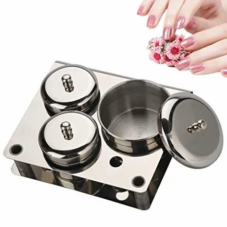 GOTOTOP 3Pcs Acrylic Nail Powder Container Stainless Steel Nail Art Mini Powder & Liquid Set Cans Storage Box Compact Manicure Tools 13.50 x 11.00 x 6.50cm