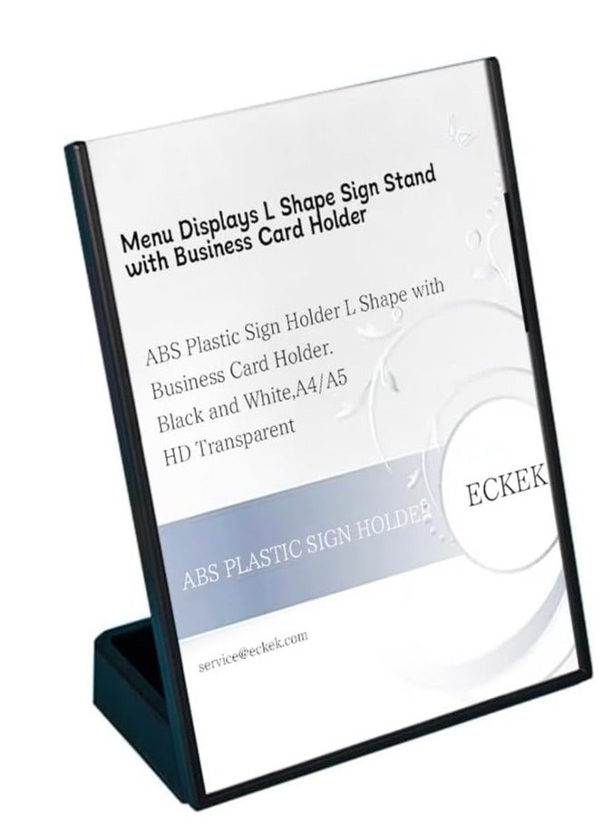 Eckek  ABS Plastic Sign Holder, Menu Displays L Shape Sign Stand with Business Card Holder, Plastic Display Stand for Ads, Menu, Photos, Business Card - Image 1