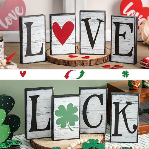 NEWLIGHTURE Valentine's Day Décor 4 PCS Reversible St. Patrick's Day Wood Signs Tiered Tray Mantle Shelf Décor for Valentine Farmhouse Heart Shamrocks Wood Blocks - Image 2