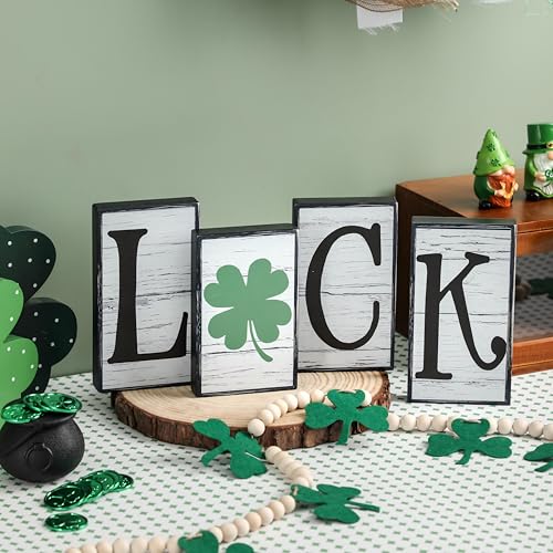 NEWLIGHTURE Valentine's Day Décor 4 PCS Reversible St. Patrick's Day Wood Signs Tiered Tray Mantle Shelf Décor for Valentine Farmhouse Heart Shamrocks Wood Blocks - Image 1