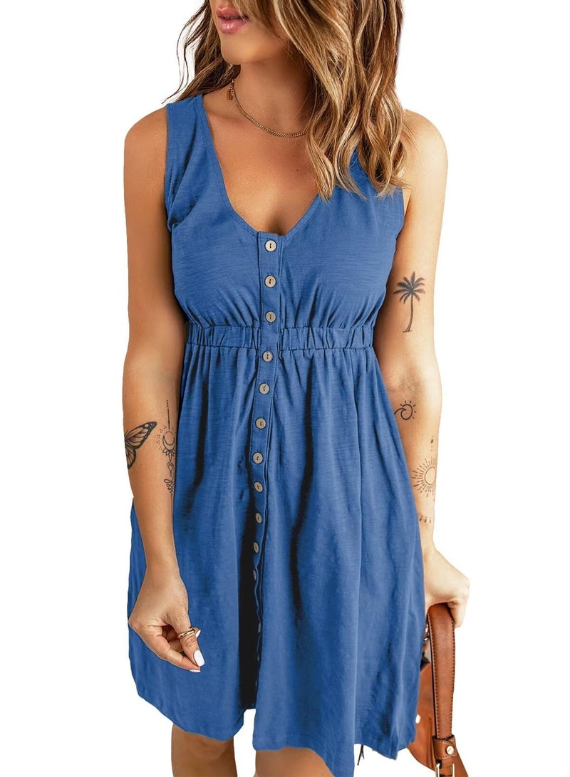 Acelitt Womens Ladies Casual Summer 2025 Fashion V Neck Sleeveless Button Down Dresses Elastic Waist Pleated Mini A-Line Swing Dress Blue Medium - Image 1