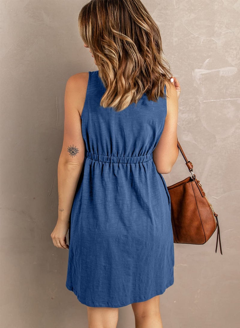 Acelitt Womens Ladies Casual Summer 2025 Fashion V Neck Sleeveless Button Down Dresses Elastic Waist Pleated Mini A-Line Swing Dress Blue Medium - Image 2