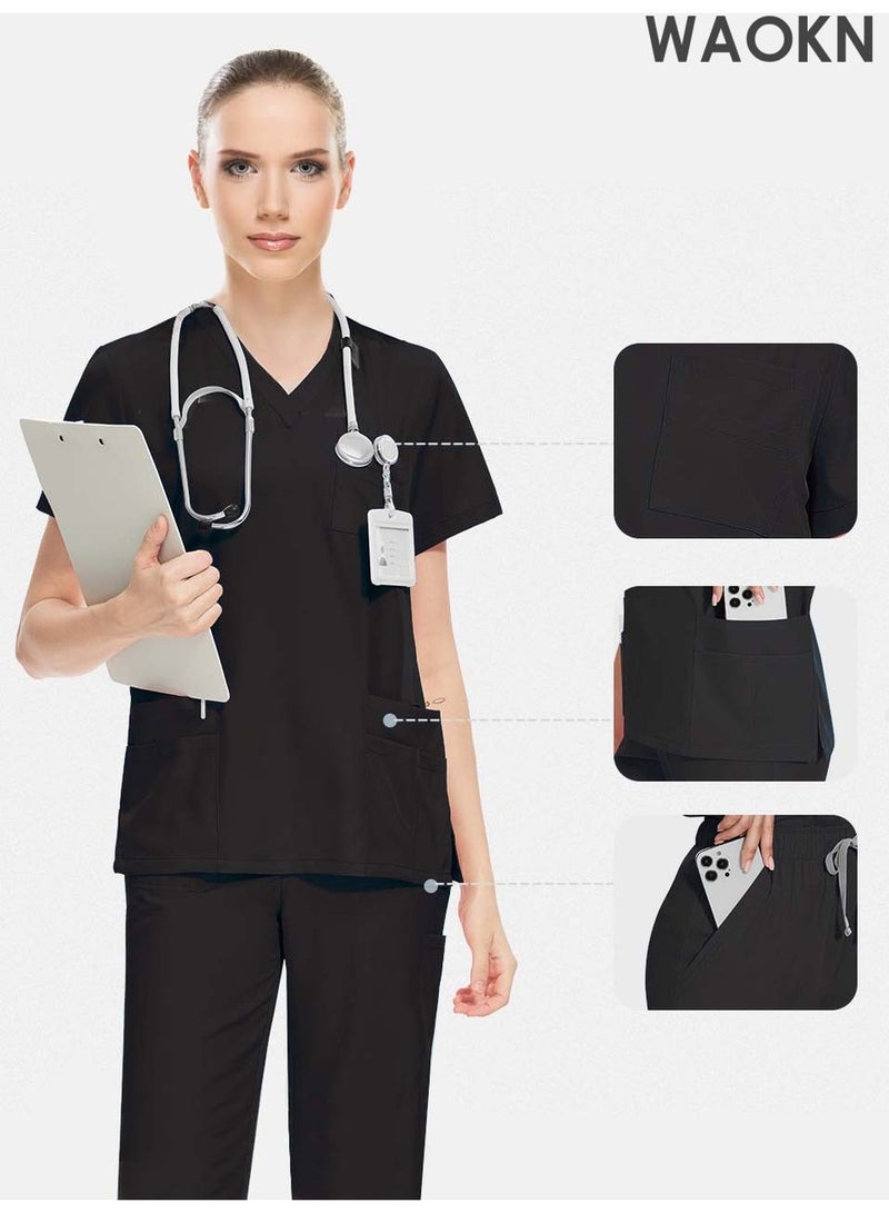 WAOKN Womens Men Medical Scrubs Set Unisex Scrub Top and Scrub Pant Set Medical Uniform Scrubs Medical Uniform Set meticulously crafted to retain its color without fading with repeated washing (Black) - Image 2