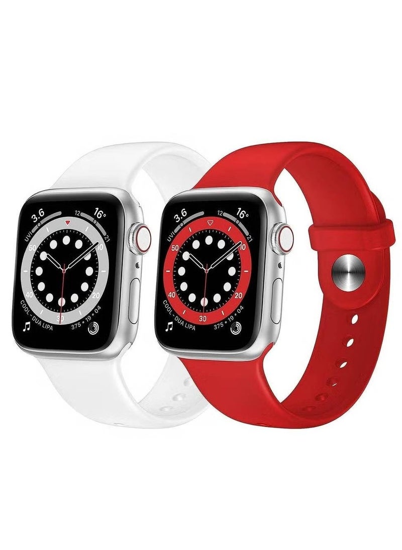 بيوينتي 2 Pack Sport Band Compatible with Apple Watch Band, 49/45/44/42/41/40/38mm, Soft Silicone Band Strap for iWatch Series 8/7/6/5/4/3/2/1/SE2/SE White  Red - Image 1