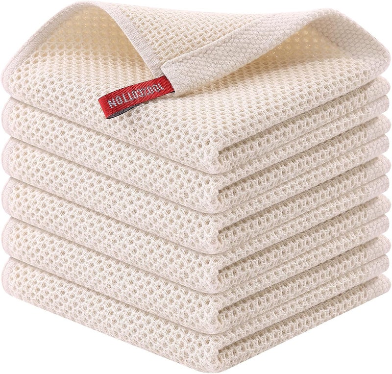 Kitinjoy 100 Cotton Kitchen Dish Cloths 6Pack Waffle Weave Dish Towels for Drying Dishes Super Soft Absorbent Quick Drying Dish Rags 12 X 12 Inches Beige - Image 1