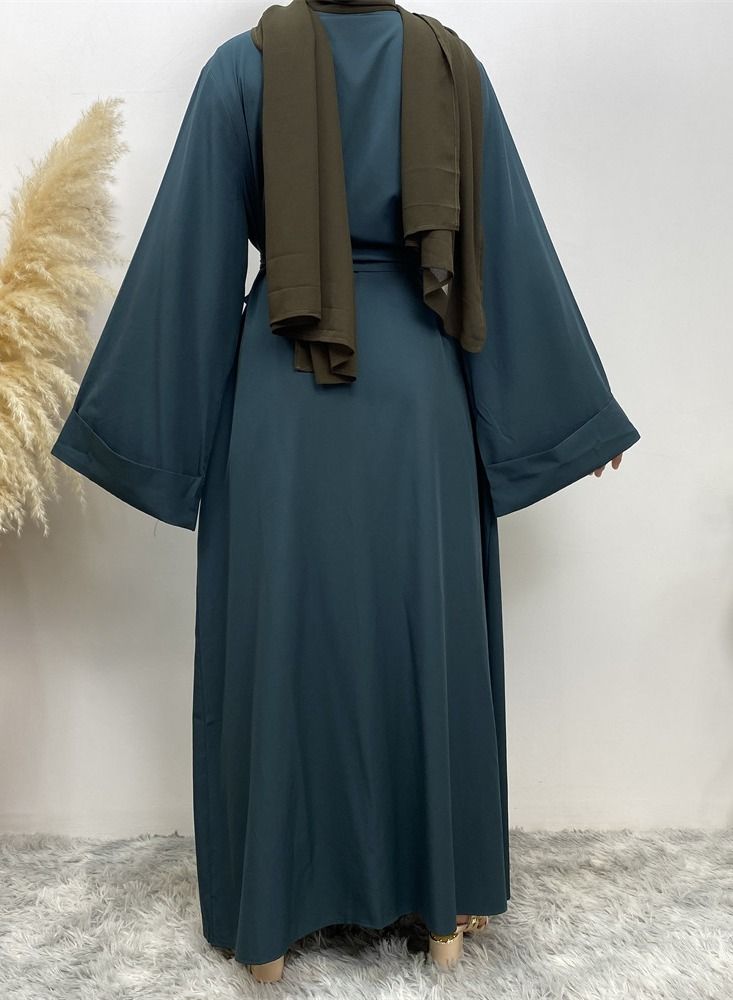 Loquat Pure Color Simple Cardigan Gown Abaya Navy Blue - Image 3