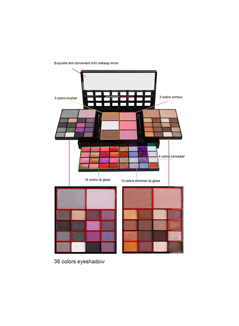 بيوتي بلس Pro 74 Colors All in one Makeup Gift Set including 36 Eyeshadow palette, 16 Lip Gloss, 12 Glitter Cream, 4 Concealer, 3 Blusher, 1 Bronzer, 2 Highlight and Contour - Make Up Contouring Kit - Image 2