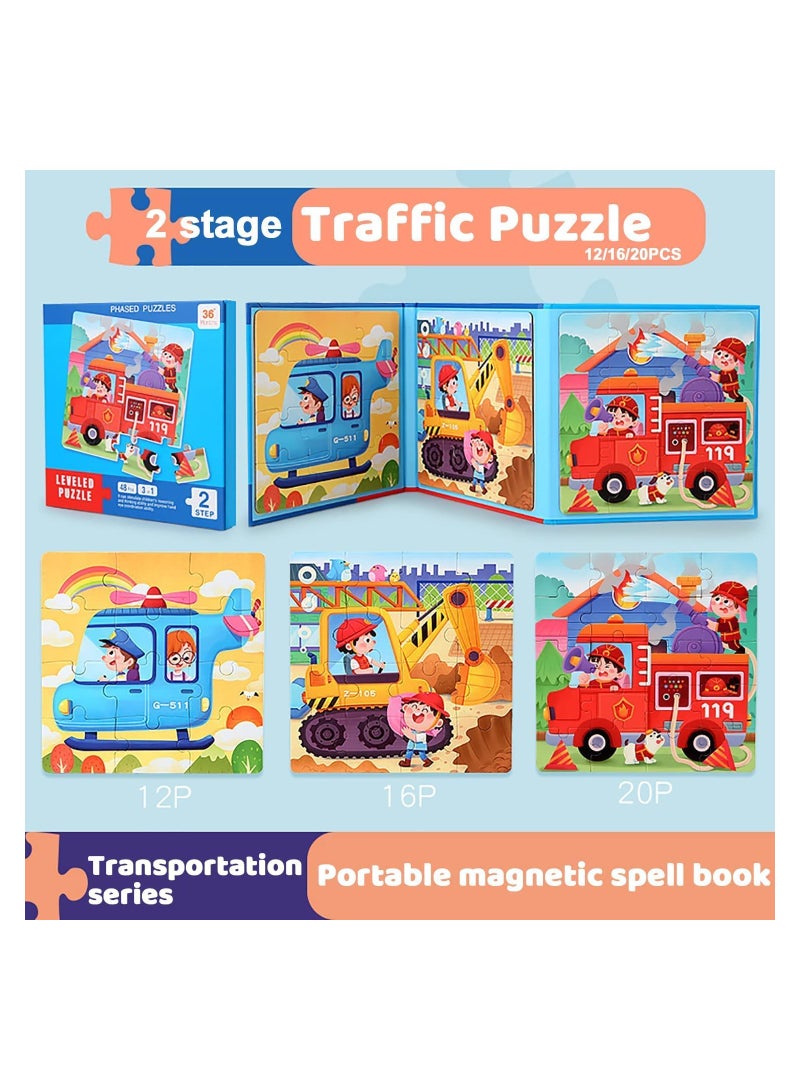 SYOSI Magnetic Puzzles for Kids Ages 4 5 6 7 8, Three Wooden Jigsaw Puzzles 48 Piece, Fire Truck Puzzles Book for Toddlers Puzzles Party Favors for Girls and Boys, Travel Games and Toys for Kids - Image 2
